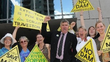 After former minister Peter Garrett stops the proposed Traveston Crossing Dam Tanzi Smith (third from left) and Glenda Pickersgill (third from right) with supporters celebrate at the Federal Court in Brisbane.