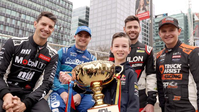 South Australian drivers Nick Percat, Tim Slade, Scott Pye and Todd Hazelwood with the Number One ticket holder Jake Burton at the Official launch for the 2022 Adelaide 500 in Victoria Square earlier this year. Picture: Kelly Barnes