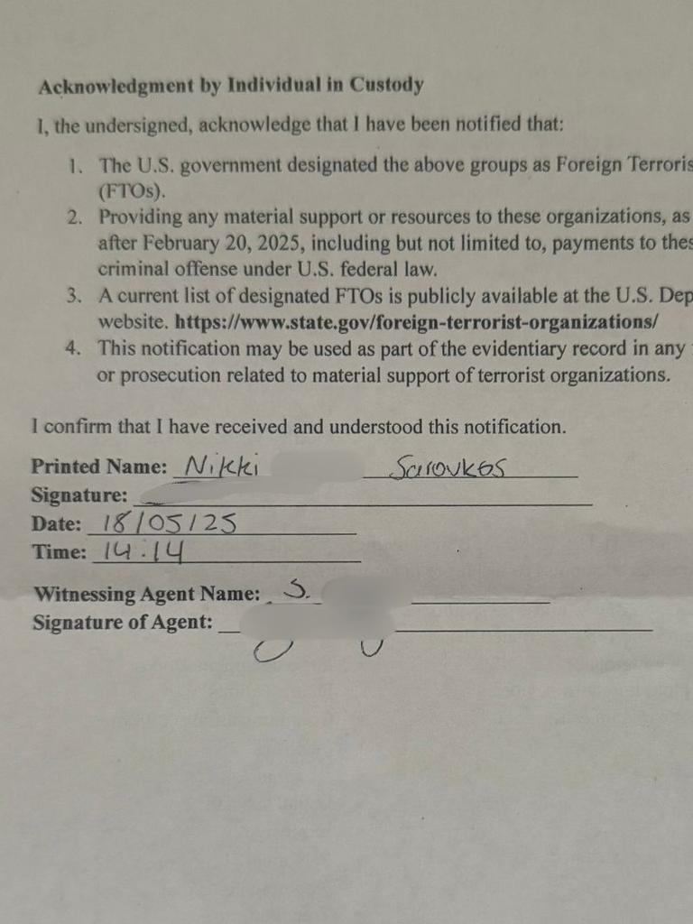 Nikki was forced to sign documents (above) indicating that she had no gang affiliations. Picture: Supplied