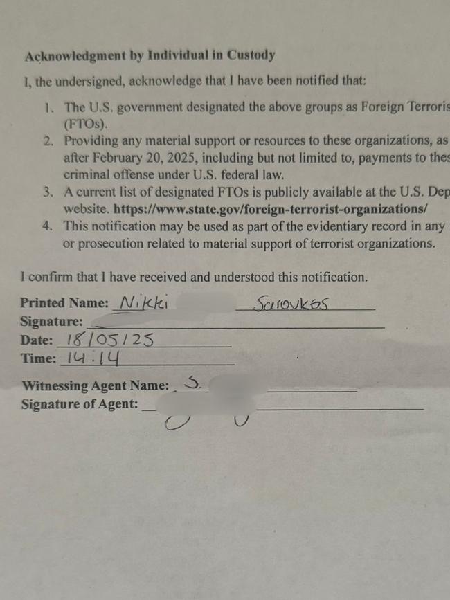 Mrs Saroukos was forced to sign documents (above) indicating that she had no gang affiliations. Picture: Supplied
