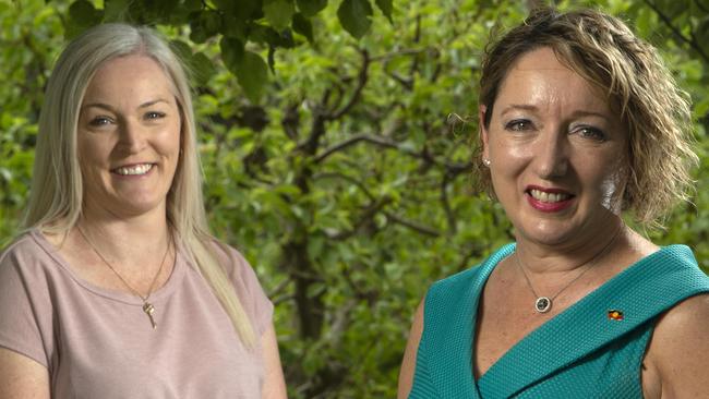 Rebecca Graham, Chief Executive Officer of Barossa Hills Fleurieu Local Health Network,(blue dress) with her Executive Assistant Lyn Pascoe. (In black pants) on the grounds of The Mount Barker District SoldiersÃ Memorial Hospital. Photographer Emma Brasier.