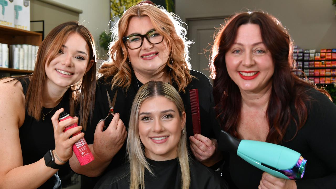 House of York hair stylists Emma Barro, Lisa McDermott and Vera Agatic with Chelsea Aranovitch. Picture: John Gass