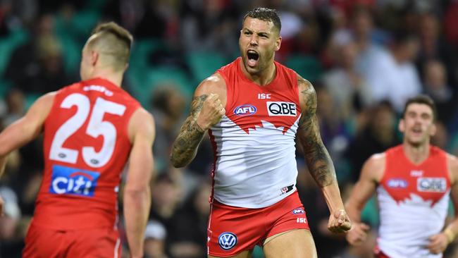 Lance Franklin was the only Swan who looked dangerous, booting four goals. Picture: AAP