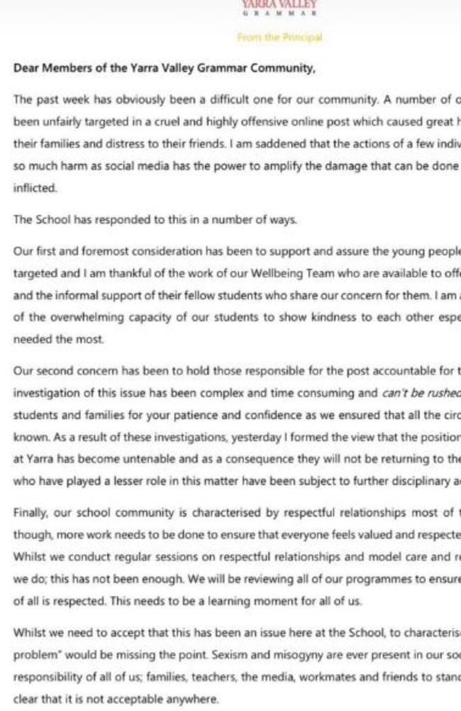 Letter from Dr Merry to parents. Picture: Supplied