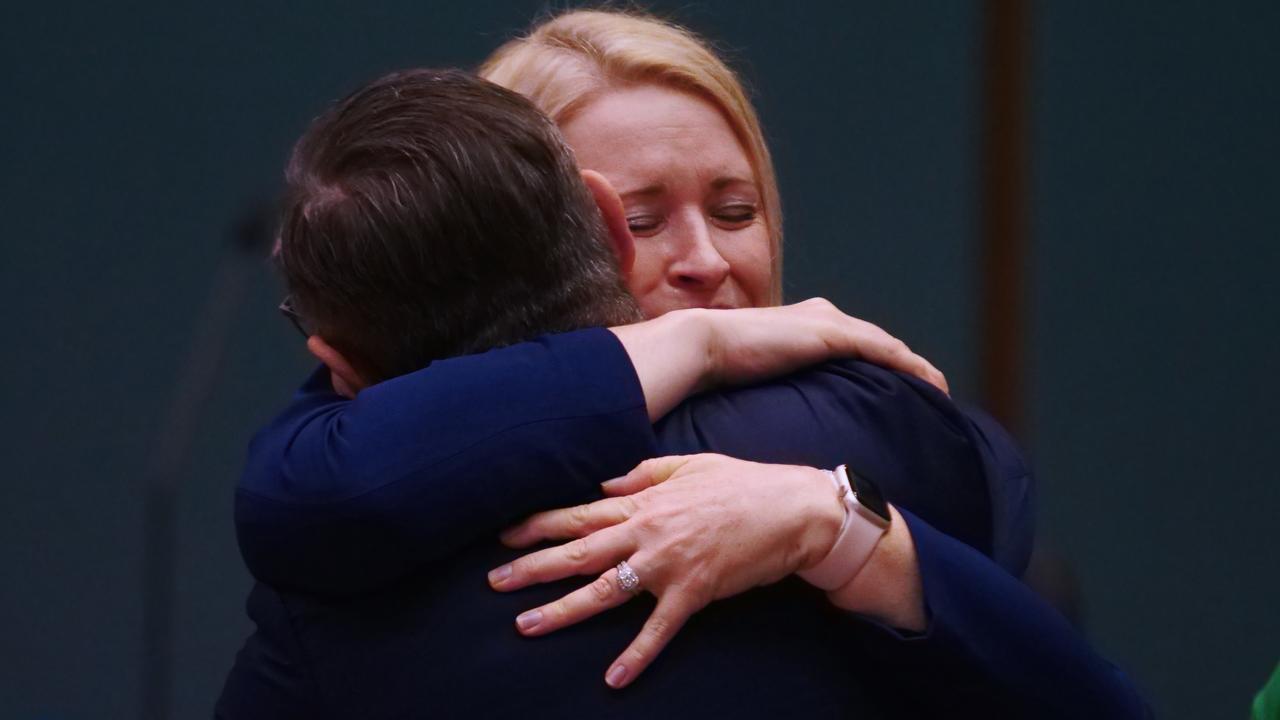 Acting Chief Minister Nicole Manison cries as she hugs exiting Chief Minister Michael Gunner. Picture:(A)manda Parkinson