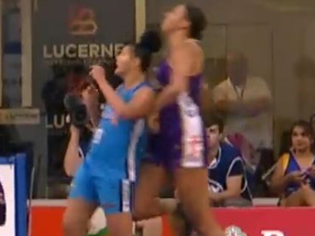 A screen shot of the incident between Opals star Liz Cambage and Mistie Bass.