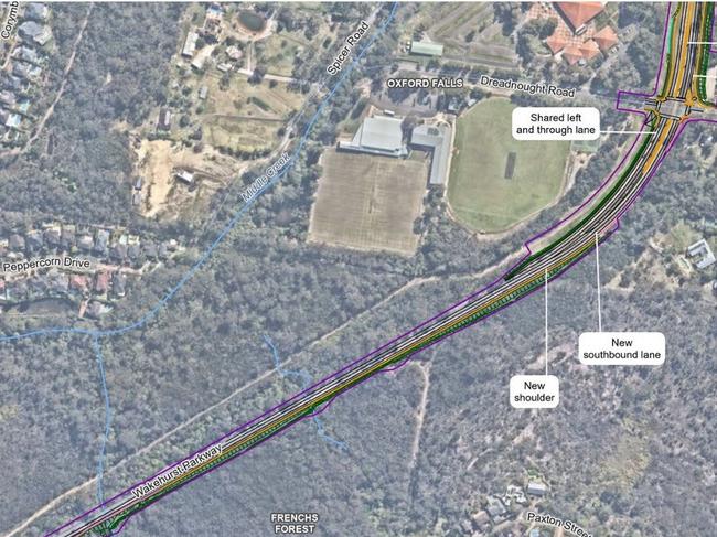 A diagram from the Review of Environmental Factors, showing a section of the proposed work, south of Oxford Falls. Picture: NSW Government