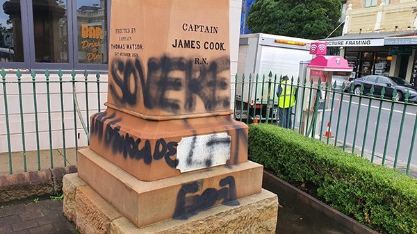 Captain Cook statue in Sydney's Randwick defaced amid the Black Lives Matter Movement. Picture: 2GB