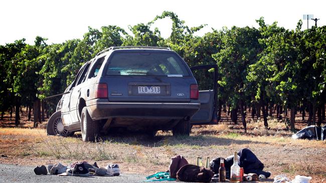 Crash scene at Cardross, near Mildura, after Ford station wagon motor car hit a group of teenagers on Myall Road.