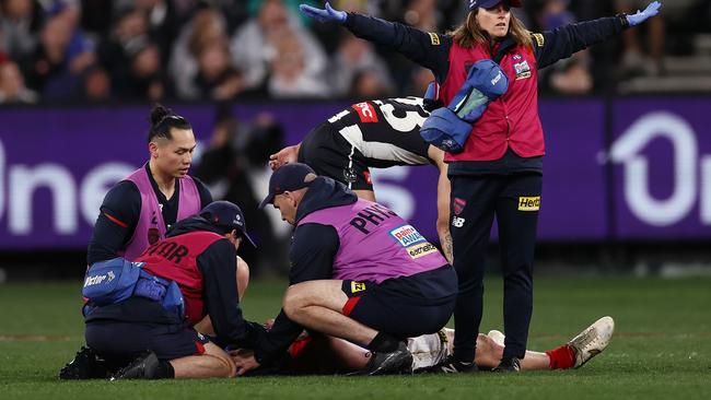 The fallout from Angus Brayshaw of the Demons being cleaned up by Brayden Maynard of the Magpies during last year’s qualifying final at the MCG has the AFL spooked. Picture: Michael Klein.