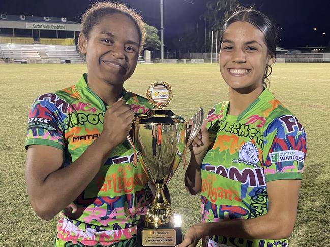 Picture (l-r): Cairns Wanderers star duo Bulou Alesi Lutumailagi and Jaeda Morato celebrating the minor premiership. Contributed by Cairns Wanderers