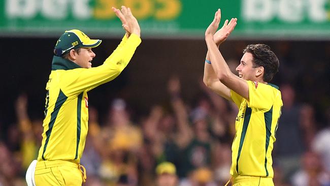 Australian captain Steve Smith (left) reacts with Jhye Richardson after Richardson bowled out England batsman Alex Hales for 57 runs during the second One Day International cricket match between Australia and England at the Gabba in Brisbane, Friday, January 19, 2018. (AAP Image/Dave Hunt) NO ARCHIVING, EDITORIAL USE ONLY, IMAGES TO BE USED FOR NEWS REPORTING PURPOSES ONLY, NO COMMERCIAL USE WHATSOEVER, NO USE IN BOOKS WITHOUT PRIOR WRITTEN CONSENT FROM AAP