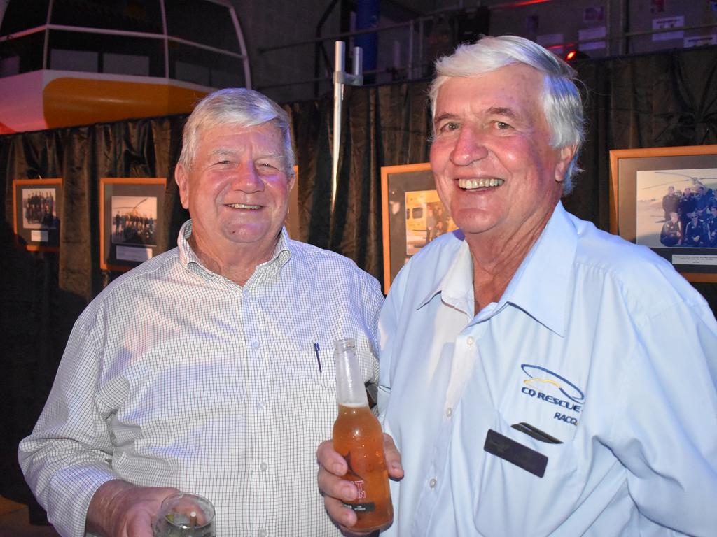 Former Mackay mayor Col Meng of North Mackay with RACQ CQ Rescue board member Bill Cooper of East Mackay at RACQ CQ Rescue's silver jubilee celebrations on Friday, April 9, 2021. Picture: Tara Miko