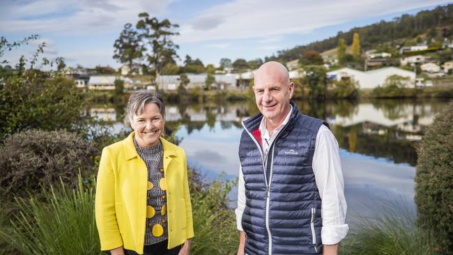 Premier Peter Gutwein and Liberal candidate Bec Enders in Huonville to announce a $13.8 jobs hubs promise. Picture: Richard Jupe