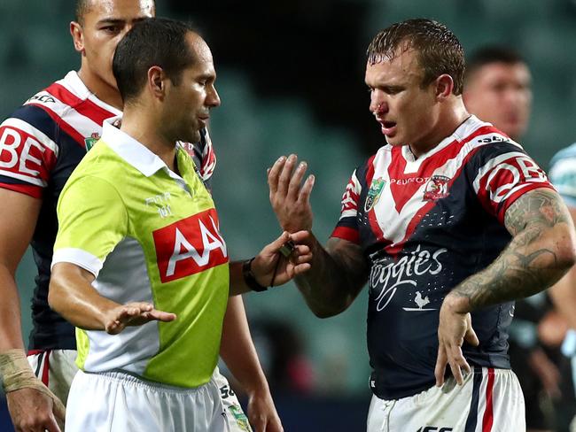 Roosters captain Jake Friend questions referee Ashley Klein after a no-try ruling last season against Cronulla at Allianz Stadium. Picture: Gregg Porteous