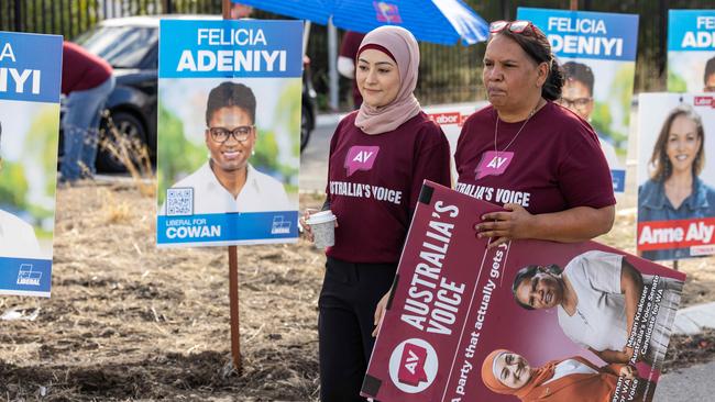Australia’s Voice leader Fatima Payman, left, with the party’s WA candidate for the Senate, Megan Krakouer. Picture: Colin Murty