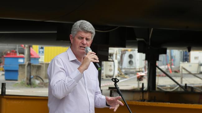 Tourism Minister Stirling Hinchliffe at the official naming of Experience Co's new outer Reef pontoon called Remora. Picture: Peter Carruthers