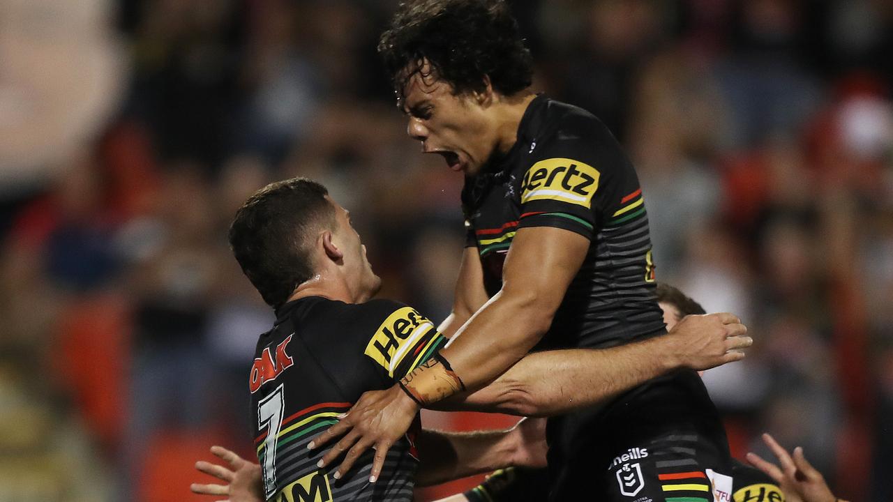 Nathan Cleary and Jarome Luai celebrate. Picture: Brett Costello