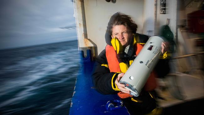 Susannah Calderan prepares to deploy a sonobuoy. Picture: Dave Allen/Australian Antarctic Division