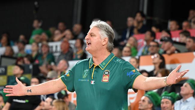 HOBART, AUSTRALIA – MARCH 28: Scott Roth, Head Coach of the Jackjumpers reacts during game four of the NBL Championship Grand Final Series between Tasmania Jackjumpers and Melbourne United at MyState Bank Arena, on March 28, 2024, in Hobart, Australia. (Photo by Steve Bell/Getty Images)