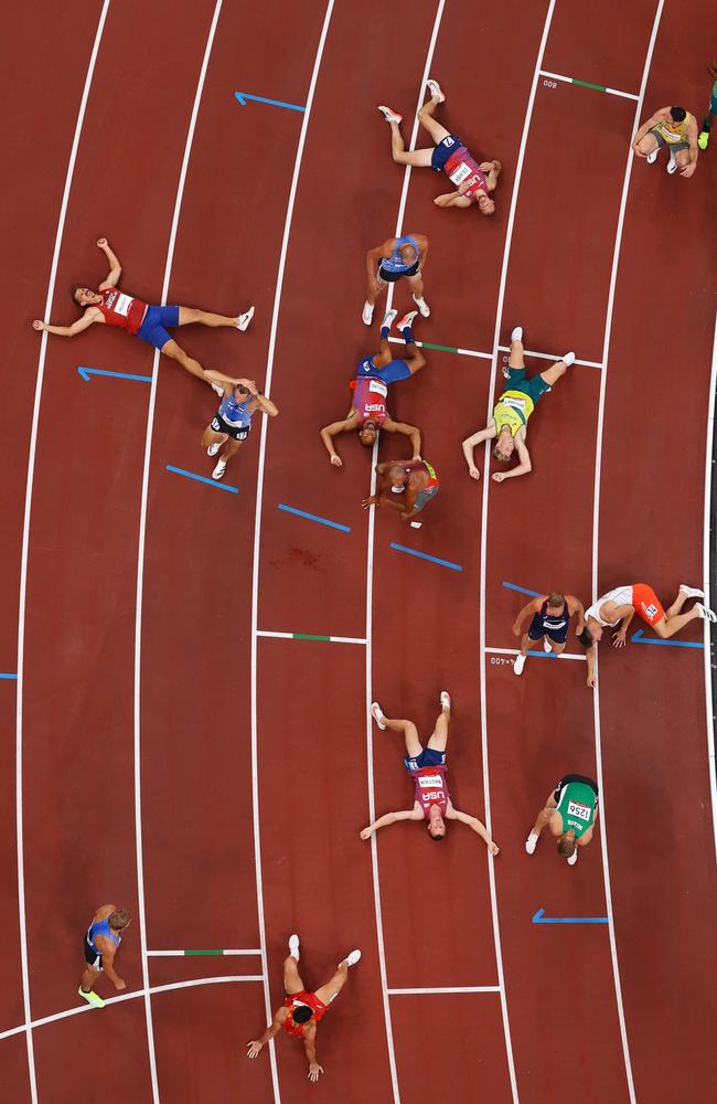 Men’s decathlon athletes are seen after running in the 1500m – the last event of the Decathlon. Picture: Richard Heathcote/Getty Images