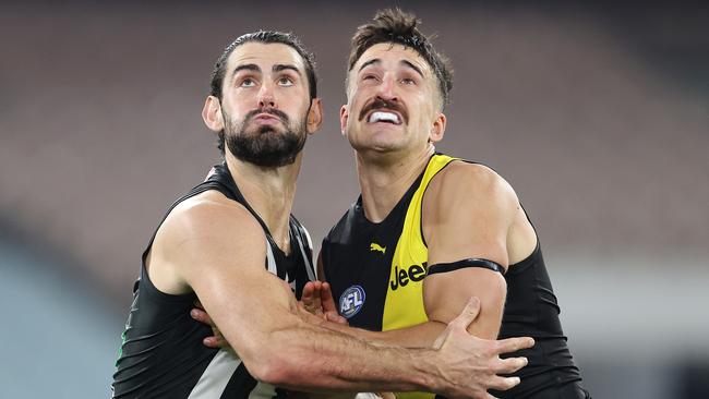 Richmond went in with one ruckman, Ivan Soldo, to take on Brodie Grundy. Picture: Michael Klein