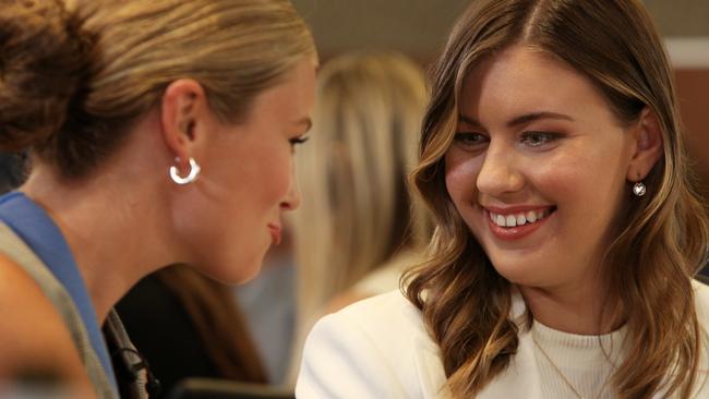 Grace Tame and Brittany Higgins, advocates for survivors of sexual assault, are pictured at the National Press Club. Ms Tame accused a government-funded organisation of having a “threatening” conversation with her (Photo by Lisa Maree Williams/Getty Images)