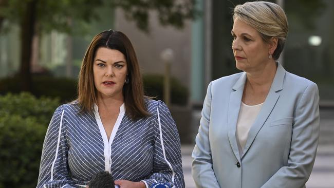 Federal Water Minister Tanya Plibersek and Greens senator Sarah Hanson-Young announce the deal in Canberra. Picture: Martin Ollman