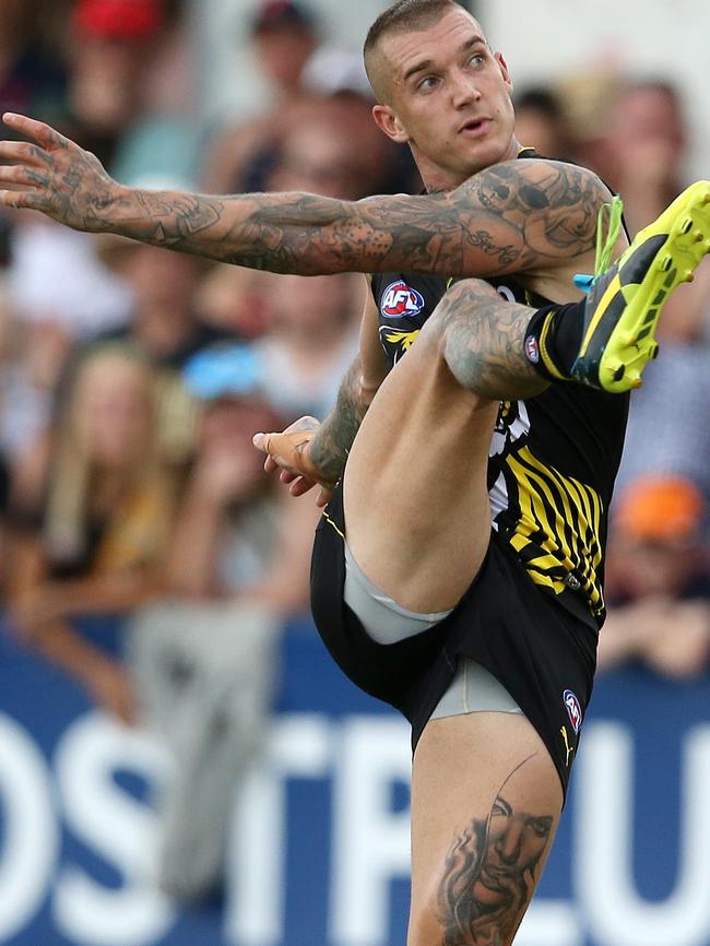 Richmond’s Dustin Martin snaps a goal against Melbourne at Deakin Reserve, Shepparton.   . Picture: Michael Klein