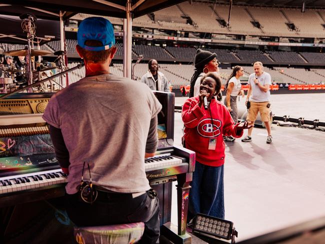 Beckah Armani rehearses moments before she performed at Coldplay’s November 2 Music of the Spheres concert in Melbourne. Picture: Anna Lee Media.