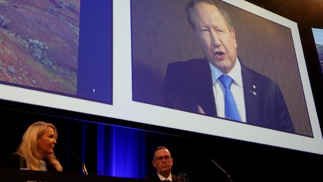 Fortescue CEO Elizabeth Gaines listens as chairman Andrew Forrest speaks from overseas at Fortescue Metals 2020 AGM in Perth. Picture: Colin Murty