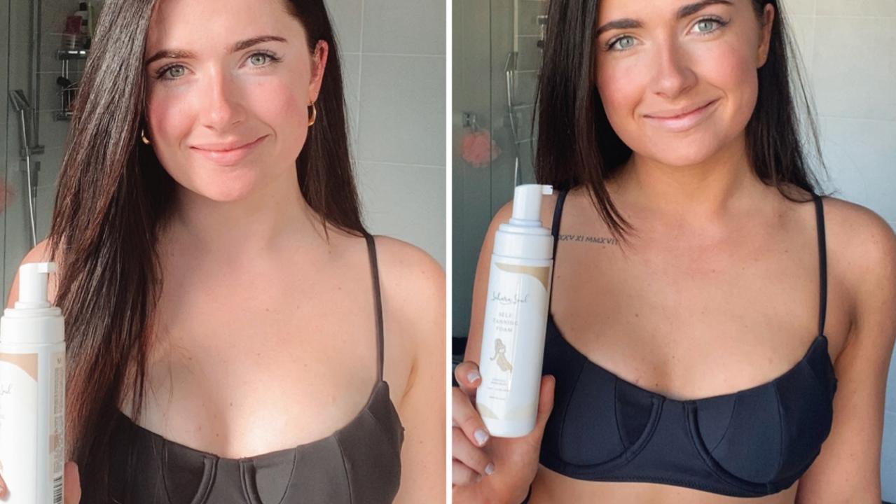 A before and after shot of Sahara Soul founder and CEO Chloe Jayde Weinthal using her fake tan product.