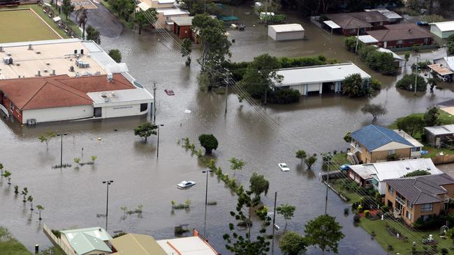 An aerial photo of flood-ravaged Urunga near Coffs Harbour in 2009.