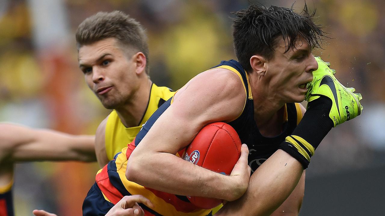 Jake Lever contest during the AFL grand final between the Crows and Richmond.