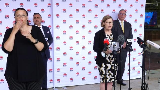 NSW chief health officer Dr Kerry Chant speaks at a media briefing with acting premier John Barilaro (second from left) and health minister Brad Hazzard right. Picture: Supplied