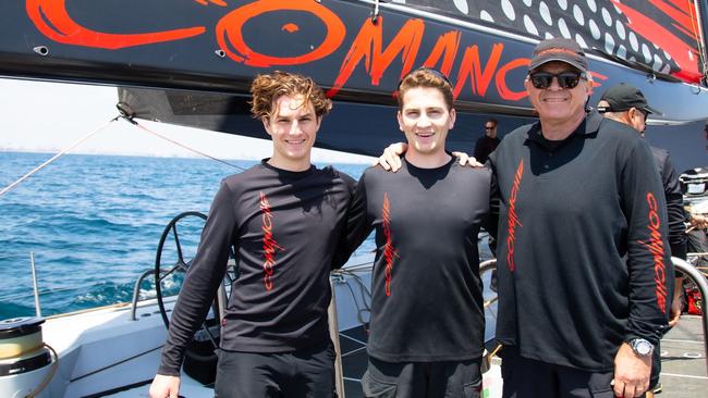 Douglas, James and Jim Cooney during the Transpac race this year. Douglas is hoping to contest his first Sydney to Hobart next year when he turns 18. Pic: Supplied.