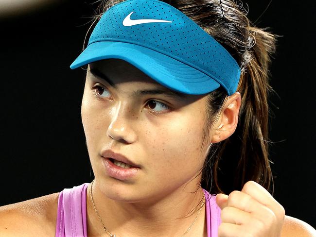 Britain's Emma Raducanu reacts on a point against Coco Gauff of the US during their women's singles match on day three of the Australian Open tennis tournament in Melbourne on January 18, 2023. (Photo by Martin KEEP / AFP) / -- IMAGE RESTRICTED TO EDITORIAL USE - STRICTLY NO COMMERCIAL USE --