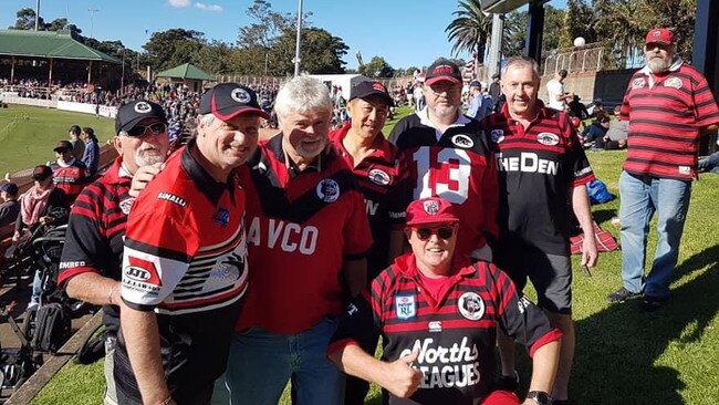 Long-suffering Bears fan Todd Nelson (front-left) with friends and fans at North Sydney Oval. Picture: Supplied