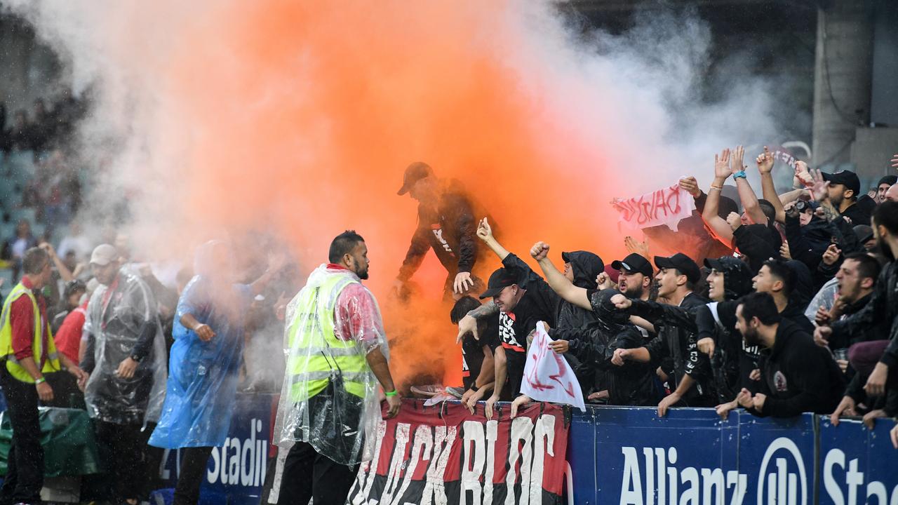Members of the Wanderers supporting group Red and Black Bloc (RBB). (AAP Image/Brendan Esposito)
