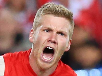 Sydney Swans' Dan Hannebery celebrates a goal during the Sydney Swans v North Melbourne Kangaroos AFL semi-final game at ANZ Stadium, Sydney Olympic Park. pic Mark Evans