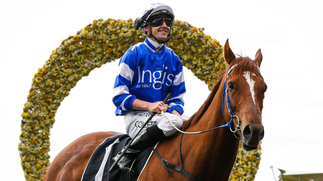 SYDNEY, AUSTRALIA - OCTOBER 31: Jason Collett on Gytrash returns to scale after winning race 7 the Yes Yes Yes Stakes during Golden Eagle Day at Rosehill Gardens on October 31, 2020 in Sydney, Australia. (Photo by Hanna Lassen/Getty Images for the Australian Turf Club)