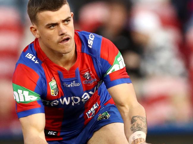 Newcastle's Dylan Phythian during the round 25 NRL game between the Newcastle Knights and the South Sydney Rabbitohs at Hunter Stadium , Newcastle . Picture : Gregg Porteous