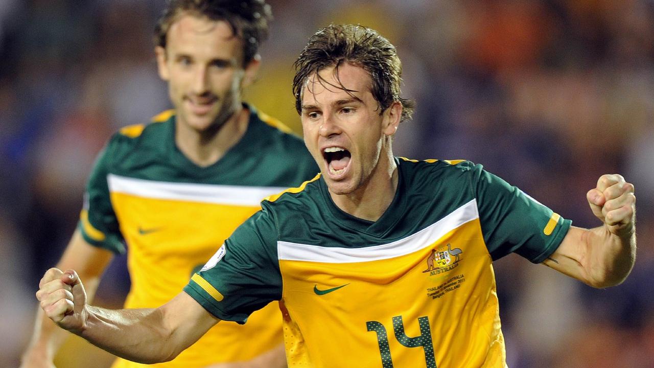 Socceroos Brett Holman reacts after scoring a goal during Australia v Thailand 2014 World Cup Asian zone qualifying football match in Bangkok in 2011.