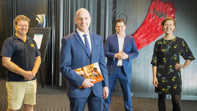 Rob Pennicott from Pennicott Wilderness Journys, Peter Gutwein, Luke Martin from TICT and Tara Howell from Blue Derby Pods Ride. Tourism recovery plan launch at Grand Chancellor. Picture: RICHARD JUPE