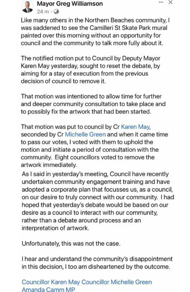 Mayor Greg Williamson waited eight days before deleting this post at the request of his fellow Councillors.