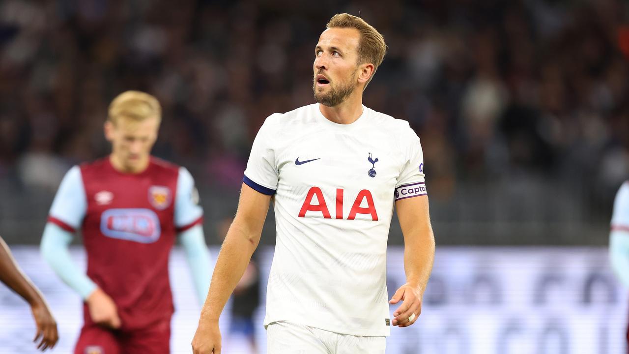 PERTH, AUSTRALIA – JULY 18: Harry Kane of Tottenham looks to the scoreboard during the pre-season friendly match between Tottenham Hotspur and West Ham United at Optus Stadium on July 18, 2023 in Perth, Australia. (Photo by James Worsfold/Getty Images)