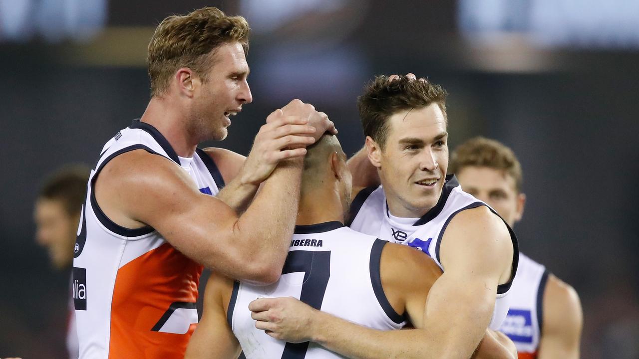 Dawson Simpson and Jeremy Cameron are thick as thieves. Photo: Adam Trafford/AFL Media/Getty Images