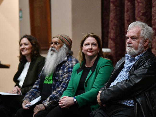 Liberal candidate for Mayo Georgina Downer, Greens candidate Major 'Moogy' Sumner, Rebekha Sharkie and Labor candidate Reg Coutts at the Nairne Soldiers Memorial Hall. Picture: AAP / David Mariuz