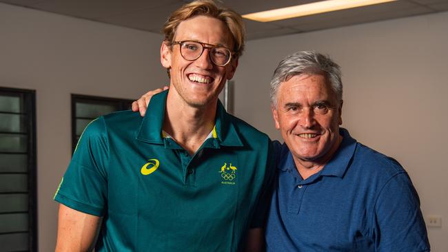 Mack Horton and AOC chief executive Ian Chesterman as the Olympians visit Katherine High School as part of the Olympics Unleashed program. Picture: Pema Tamang Pakhrin