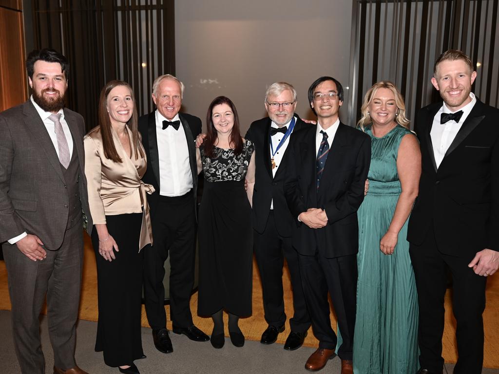 The Australia Day gala in Washington DC - from left, Dr Brett Parkinson, Kathryn McLay, Greg Norman, ⁠Dr. Lisa Kewley, Kevin Rudd, Dr Terence Tao, Professor at UCLA Jessi Miley-Dyer and Logan Mullaney.